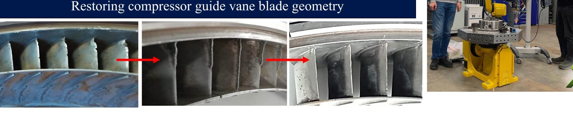 Restauración de la geometría del álabe guía del compresor Taurus 60, semianillo del aparato de toberas, 9ª etapa: antes de la renovación, después del recargue láser y después de la reparación de restauración
