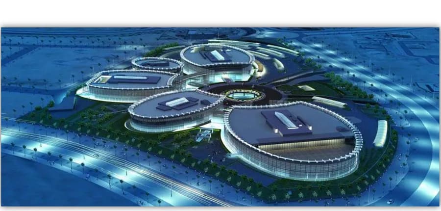 Sede del Ministerio de Educación y Educación Superior de Qatar, complejo circular con fachada ventilada U-KON, vista nocturna