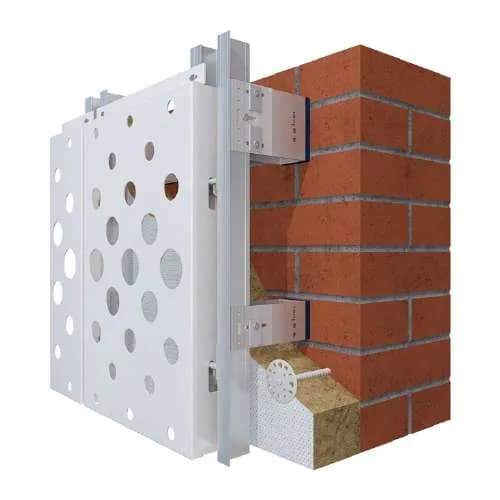 Detalle constructivo del sistema U-KON con panel metálico perforado