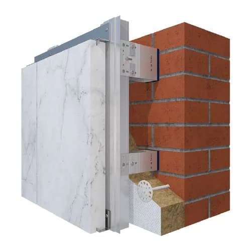 Detalle constructivo del sistema U-KON con revestimiento en piedra natural sobre subestructura de aluminio