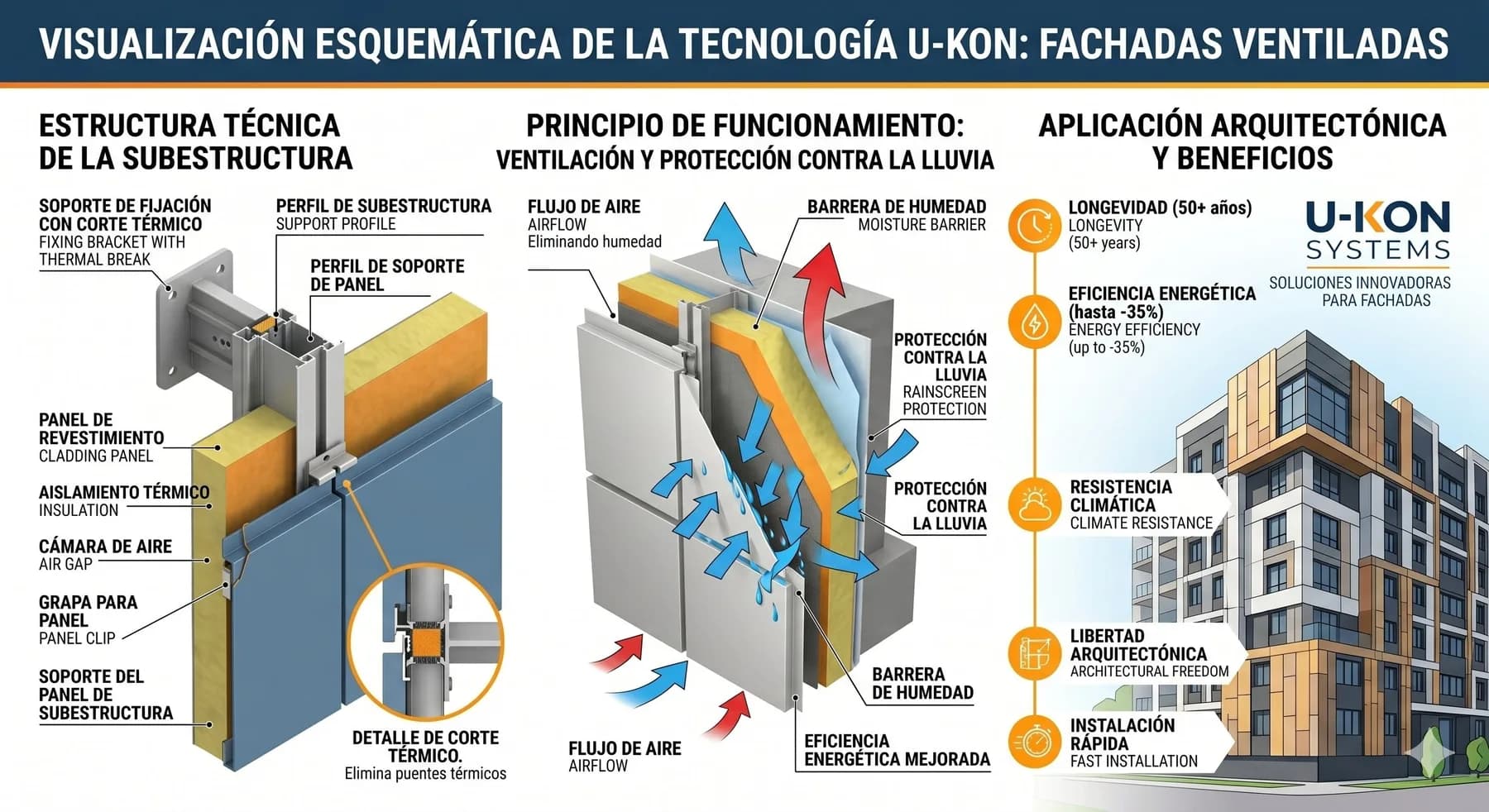 Diagrama técnico de la tecnología de fachada ventilada U-KON: estructura de la subestructura, principio de ventilación y protección contra la lluvia, y beneficios de aplicación arquitectónica
